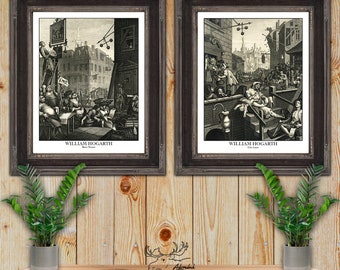 Beer Street and Gin Lane by William Hogarth Giclee Fine Art Print - Rustic Bar Decor - Satirical Art - Pub Decor - Man Cave Decor - Set of 2
