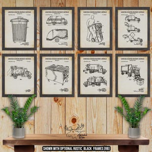 May include: Eight framed vintage patent prints of garbage trucks and related equipment. The prints are in black and white, with the text "UNITED STATES PATENT OFFICE" at the top. The frames are dark brown, and the background is a wooden wall.