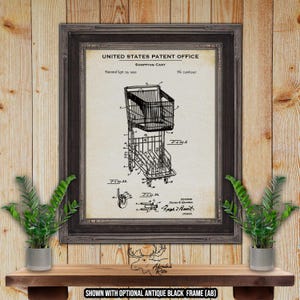 May include: A black and white vintage patent drawing of a shopping cart. The drawing is titled "United States Patent Office" and "Shopping Cart". The patent number is 2,906,542. The patent date is September 29, 1959.