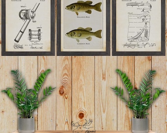 Bass Fishing Print Set of 3 - Bass Fisherman Gift - Angler Gift - Bass Patent Posters - Rustic Fishing Wall Art - Vintage Fishing Decor