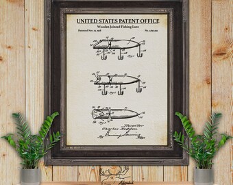 Wooden Jointed Fishing Lure Patent Print - 1928 Fishing Tackle Invention - Rustic Fishing Decor - Fisherman Gift - Angler Gift - Fishing Art
