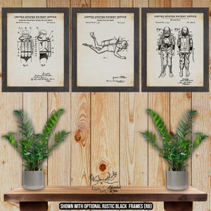 Scuba Diving Patent Print Set of 3 - Scuba Diving Posters - Retro Snorkeling Decor - Deep Sea Diving Inventions - Diver Gift - Marine Decor
