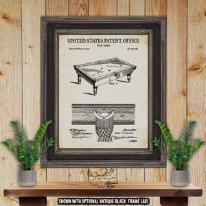May include: A vintage patent drawing of a pool table. The drawing is in black and white and shows the table from a side view. The patent number is 650,005 and the date is May 22, 1900. The text "United States Patent Office" and "Pool Table" are at the top of the drawing.