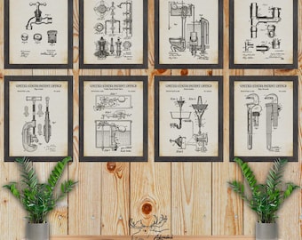 Plumbing Patent Print Set of 8 - Retro Plumbing Inventions - Plumber Gift Set - Bathroom Wall Decor - Vintage Plumbing Posters