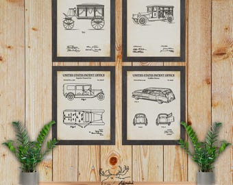 Funeral Car Patent Print Set of 4 - Hearse Poster Set - Vintage Funeral Inventions - Funeral Car Posters - Funeral Home Wall Art