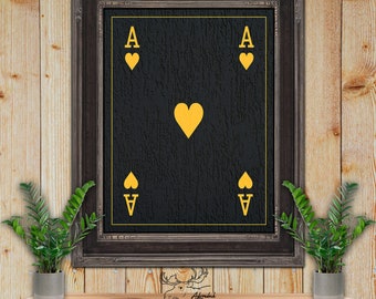 Ace of Hearts Playing Card Print - Black & Gold Fine Art Print - Man Cave Decor - Poker Player Gift - Game Room Art - Card Player Gift
