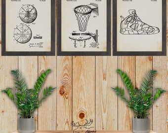 Basketbal patentprint set van 3 - posters basketbal uitvinding - cadeau basketbalspeler - vintage basketbalblauwdrukken - rustieke muurkunst