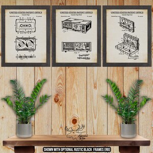 Cassettespeler set van 3 patentprint - retro muziekposters - uitvindingen cassettedeck - cadeau voor audiofielen - retro mediadecor