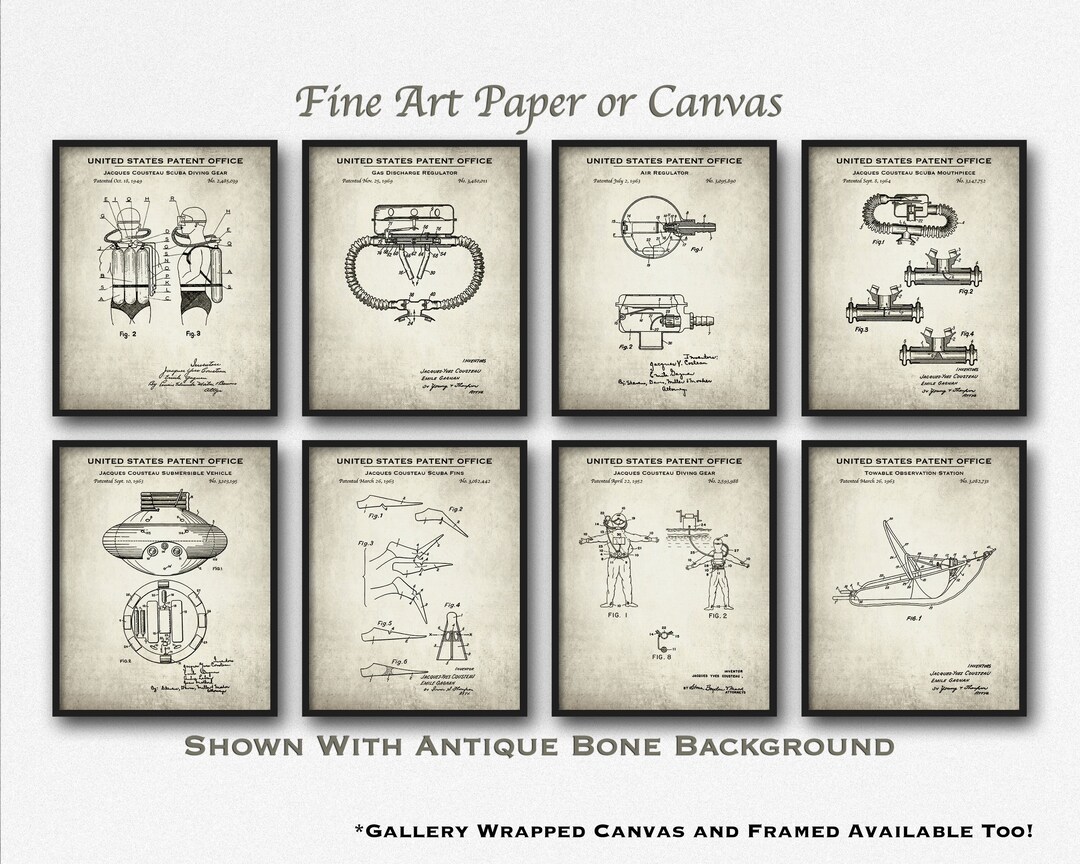 Scuba Diving Set of 8 Patent Art Prints Jacques Cousteau Poster Set ...