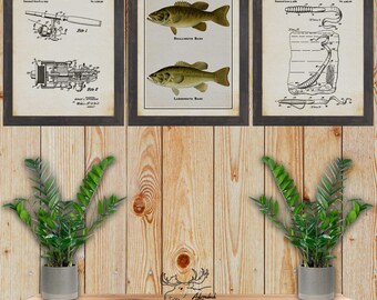 Bass Fishing Print Set of 3 - Bass Fisherman Gift - Bass Angler Gift - Bass Patent Posters - Rustic Fishing Wall Art - Vintage Fishing Decor
