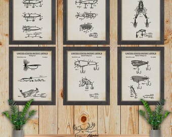 Fishing Lure Patent Print Set of 6 - Vintage Fishing Tackle Posters - Fisherman Gift - Angler Gift - Fishing Wall Art - Man Cave Wall Decor