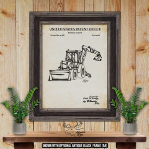 May include: A black and white line drawing of a backhoe loader patent. The patent is titled "Backhoe Loader" and the patent number is "No. 1,591,360". The patent was issued on January 14, 1987.