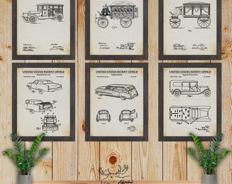 Funeral Car Patent Print Set of 6 - Funeral Service Inventions - Funeral Director Gift Set - Funeral Parlor Wall Decor - Hearse Drawings