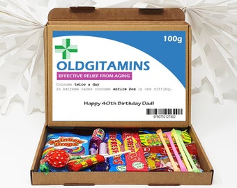 Personalised Oldgitamins Birthday Gift 30th 40th 50th Poem Chocolate Treats Box Hamper Sweet Present  Gift for all ages Him/Her