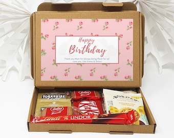 Personalised Birthday Pamper Treat Box Letterbox Gift Hug in a Box Hamper Chocolate Sweets Tea Lover Coffee Vegan Floral