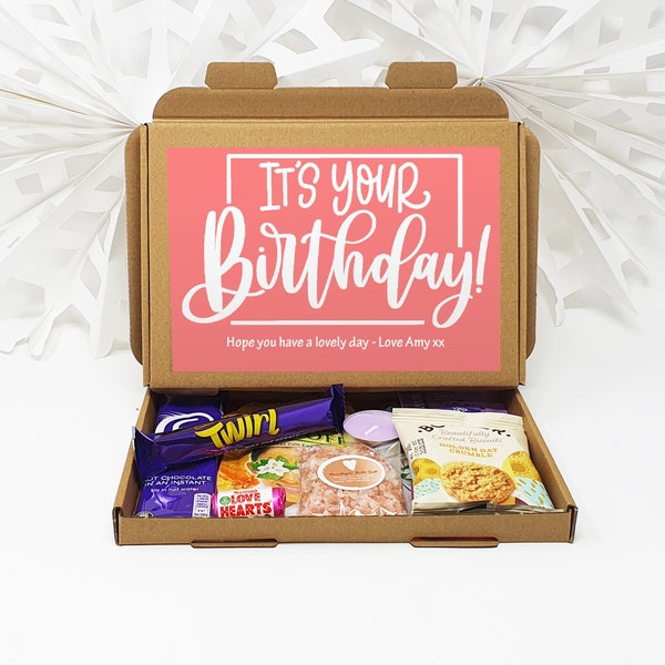 Personalised Happy Birthday Pamper Treat Box Letterbox Gift Hug in a Box Hamper Chocolate Sweets Tea Lover Coffee Vegan Floral