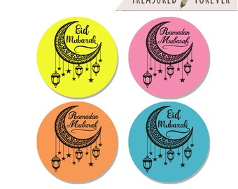 May include: Four round stickers with a crescent moon and hanging lanterns. The stickers are in yellow, pink, orange, and blue. The text on the stickers reads "Eid Mubarak" and "Ramadan Mubarak".