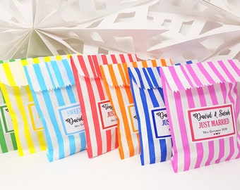 Personalised Wedding Favour Sweet Bags Sticker Birthday Candy Cart Striped Polka Dots