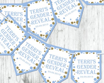 Personalised Gender Reveal Baby Shower Bunting  Banner Decoration Chevron Flags Glitter Effect