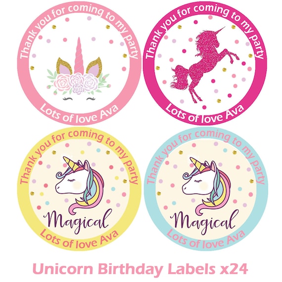 Party bag stickers personalised x24 unicorn sitting thank you sweet cone labels