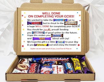 Personalised  Exam Good Luck Treat Box/ SATS/ GCSES/ 11+ A Levels Well Done Treat Box Letterbox Gift Hug in a Box Chocolate Poem Unique