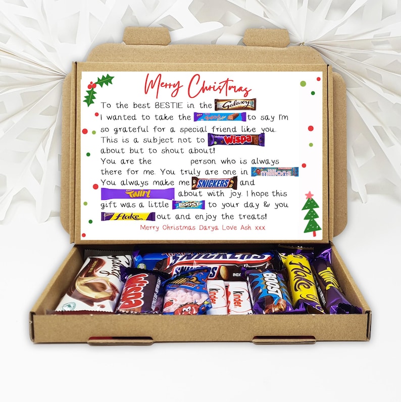Caja de bombones con poema de amistad para la mejor amiga. Cesta de regalo de cumpleaños para la mejor amiga. Caja de bombones. Regalo para la mejor amiga. Pensando en ti. Que te mejores pronto. Merry Christmas
