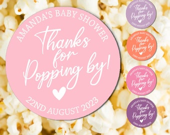 Personalised  Thanks for Popping by Stickers Popcorn Cone stickers, Favour bag stickers, Birthday Wedding Baby Shower  - Various colours