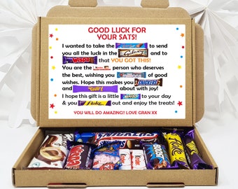 Personalised  Exam Good Luck Treat Box/ SATS/ GCSES/ A Levels Good Luck Treat Box Letterbox Gift Hug in a Box Chocolate Poem Unique