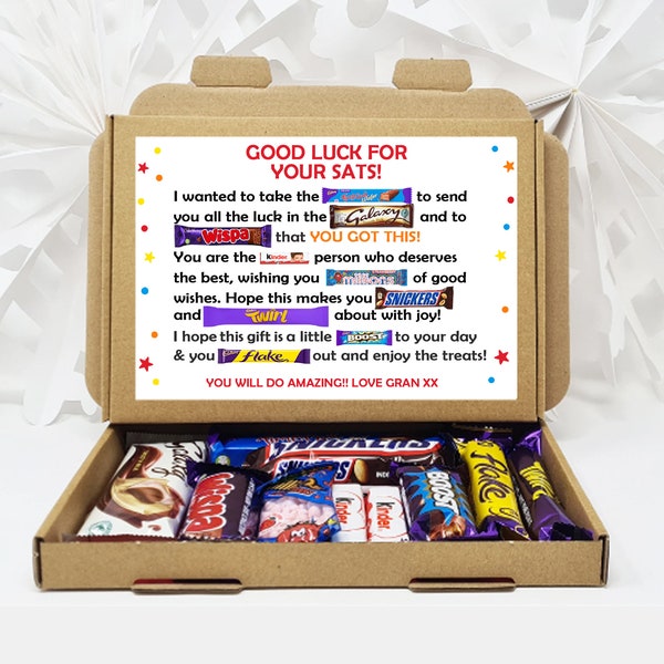 Personalised  Exam Good Luck Treat Box/ SATS/ GCSES/ A Levels Good Luck Treat Box Letterbox Gift Hug in a Box Chocolate Poem Unique