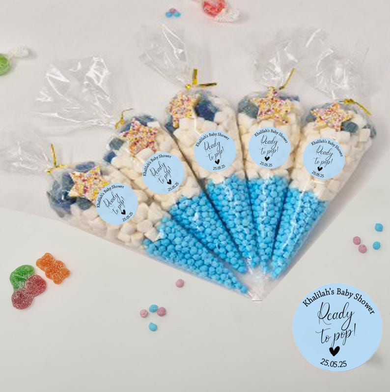35 Personalised Baby Shower Stickers Thank You Popcorn Cone stickers, Favour bag stickers, Ready to Pop - Various colours image 9