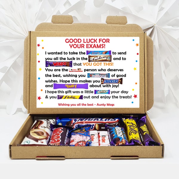 Personalised  Exam Good Luck Treat Box/ SATS/ GCSES/ A Levels Good Luck Treat Box Letterbox Gift Hug in a Box Chocolate Poem Unique