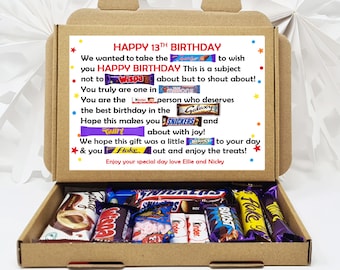Regalo de cumpleaños personalizado 10º, 11º, 13º Poema Caja de golosinas de chocolate Cesta Regalo dulce Regalo para todas las edades Él/Ella