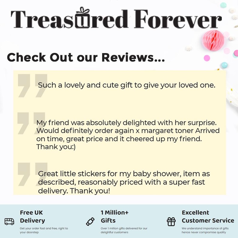 Puede incluir: Una captura de pantalla de un sitio web con rese&ntilde;as de clientes para un negocio llamado "Treasured Forever". Las rese&ntilde;as son positivas y mencionan la calidad de los productos y la rapidez de la entrega. El sitio web tambi&eacute;n menciona que se han entregado m&aacute;s de 1 mill&oacute;n de regalos.
