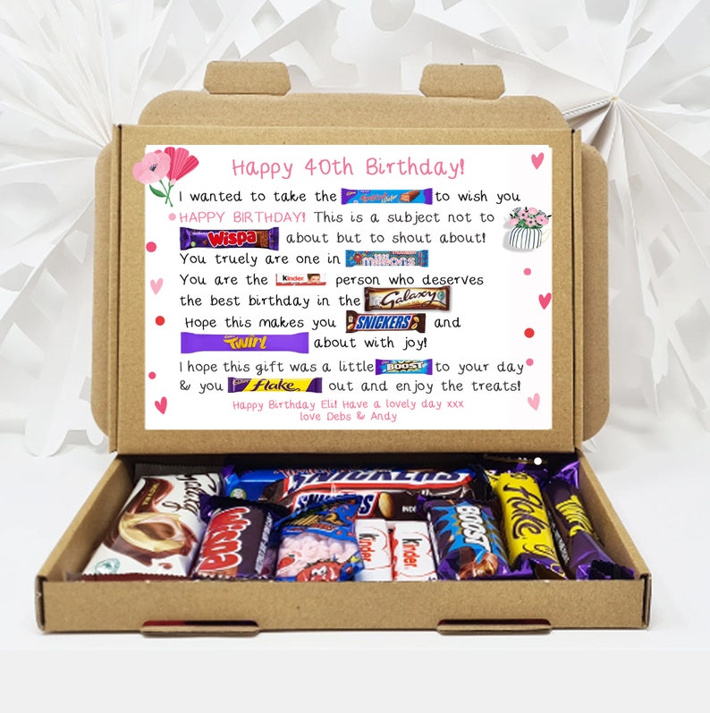 Personalised Birthday Gift 21st 18th 30th 40th Poem Chocolate Treats Box Hamper Sweet Present Gift for all ages Him/Her 40th Birthday