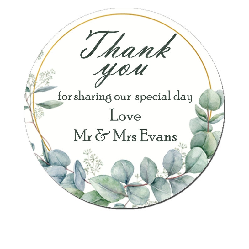 Personalised Wedding Eucalyptus Shabby Effect Favour Thank you Stickers 