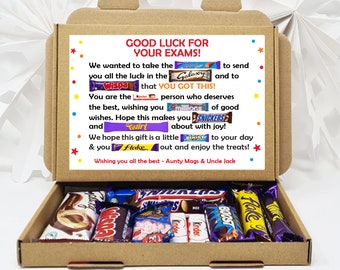 Personalised  Exam Good Luck Treat Box/ SATS/ GCSES/ 11+ A Levels Well Done Treat Box Letterbox Gift Hug in a Box Chocolate Poem Unique