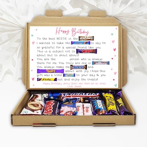 Caja de bombones con poema de amistad para la mejor amiga. Cesta de regalo de cumpleaños para la mejor amiga. Caja de bombones. Regalo para la mejor amiga. Pensando en ti. Que te mejores pronto. Happy Birthday