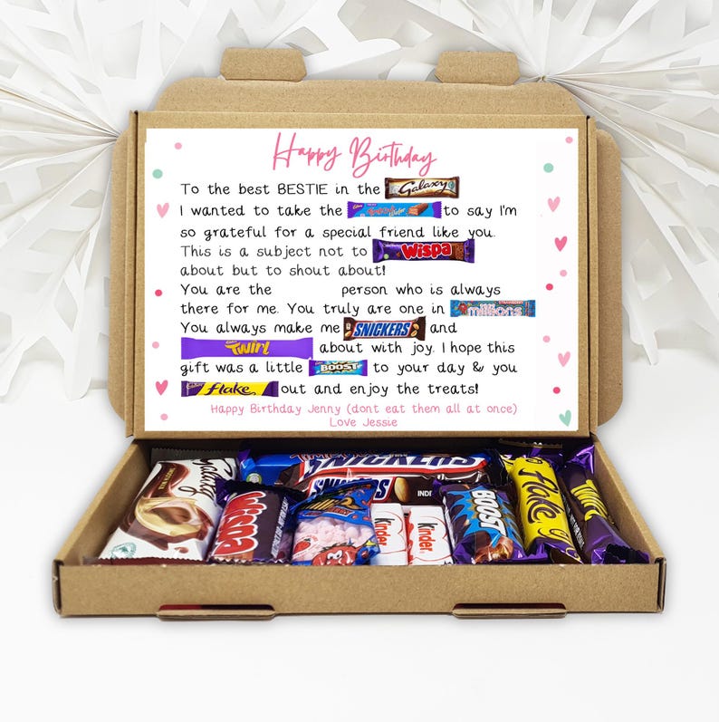 Caja de bombones con poema de amistad para la mejor amiga. Cesta de regalo de cumpleaños para la mejor amiga. Caja de bombones. Regalo para la mejor amiga. Pensando en ti. Que te mejores pronto. Happy Birthday