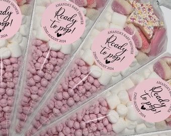 35 Personalised Baby Shower Stickers Thank You Popcorn Cone stickers, Favour bag stickers, Ready to Pop - Various colours