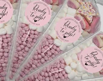 35 Personalised Baby Shower Stickers Thank You Popcorn Cone stickers, Favour bag stickers, Ready to Pop - Various colours