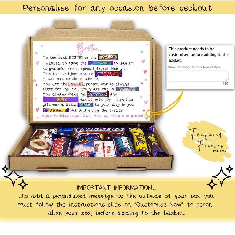 Puede incluir: Una caja de regalo personalizada llena de varias barras de chocolate, incluyendo Snickers, Twix y Boost. La caja tiene un mensaje escrito a mano y el texto "Bestie..." y "Happy Birthday Jules." La caja es marr&oacute;n con un acento amarillo.