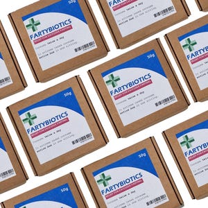 May include: Multiple brown cardboard boxes with blue and white labels that read "FARTYBIOTICS RELIEF FOR EXCESSIVE FARTING". The label also says "Consume twice a day. In extreme cases consume entire box in one sitting." Each box is labelled with a weight of 50g.