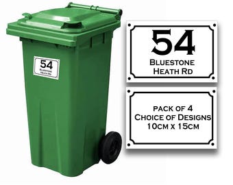 4 x Personalised Wheelie Bin Stickers – Custom Bin Number and Street Name Labels | Weatherproof Durable | Fast UK Dispatch