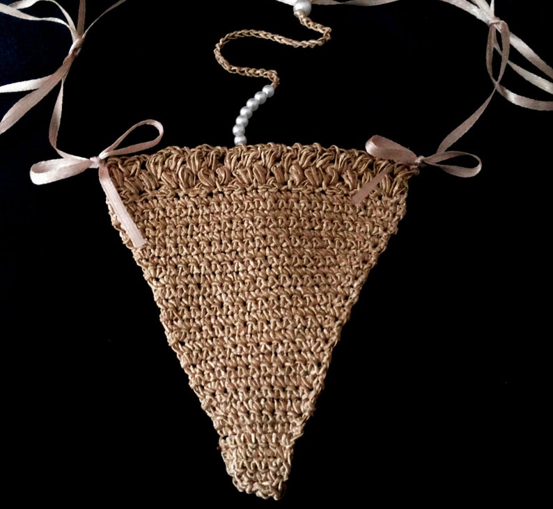 Very Sexy Crotchless Open Crotch G-string, Thong, Panties, Lingerie with pearls Accessory in back. Gold crochet underwear One Size 