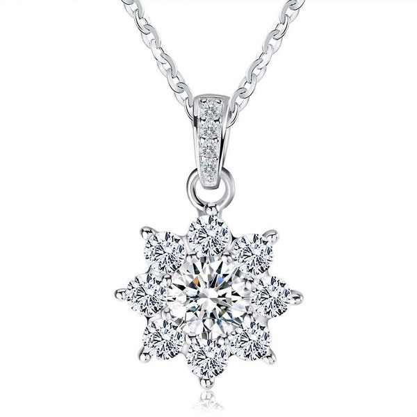 S925 Argent CZ Solitaire Cluster Chain Pendentif Collier HON07, Flower Cluster Pendentif, Petite Pendan