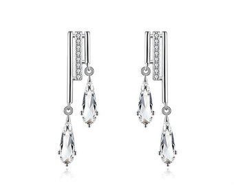 S925 Silver Duo 2 Pear Shape CZ Drop Dangler Earring Honest Mantra APE19, Cocktail Party Earrings