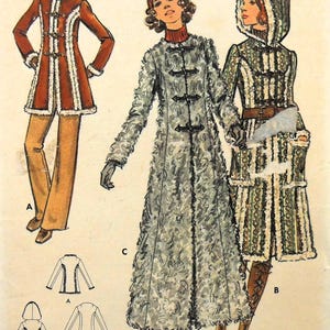 May include: Vintage sewing pattern featuring three coat designs. The coats are in various styles, including a long, shaggy coat and a hooded coat. The pattern includes the text "JUNIOR PETITE & JUNIOR" and measurements for a 30-inch bust.