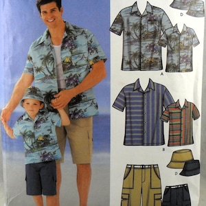 May include: A pattern for matching Hawaiian shirts, shorts, and bucket hats. The shirts feature a tropical landscape design with palm trees and flowers. The shorts are khaki and navy blue. The bucket hats have a matching tropical print.