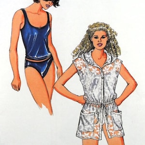 May include: Illustration of two outfits. One is a blue tank top and matching shorts. The other is a white floral print hooded romper with pockets and a drawstring waist. The outfits are depicted on a white background.