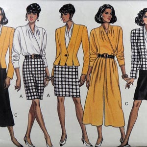 May include: A vintage sewing pattern featuring five fashion illustrations. The designs include blazers, skirts, culottes, and a jumpsuit in various colors and patterns, including yellow, black, white, and a black and white checkered print. The pattern is for women's clothing.